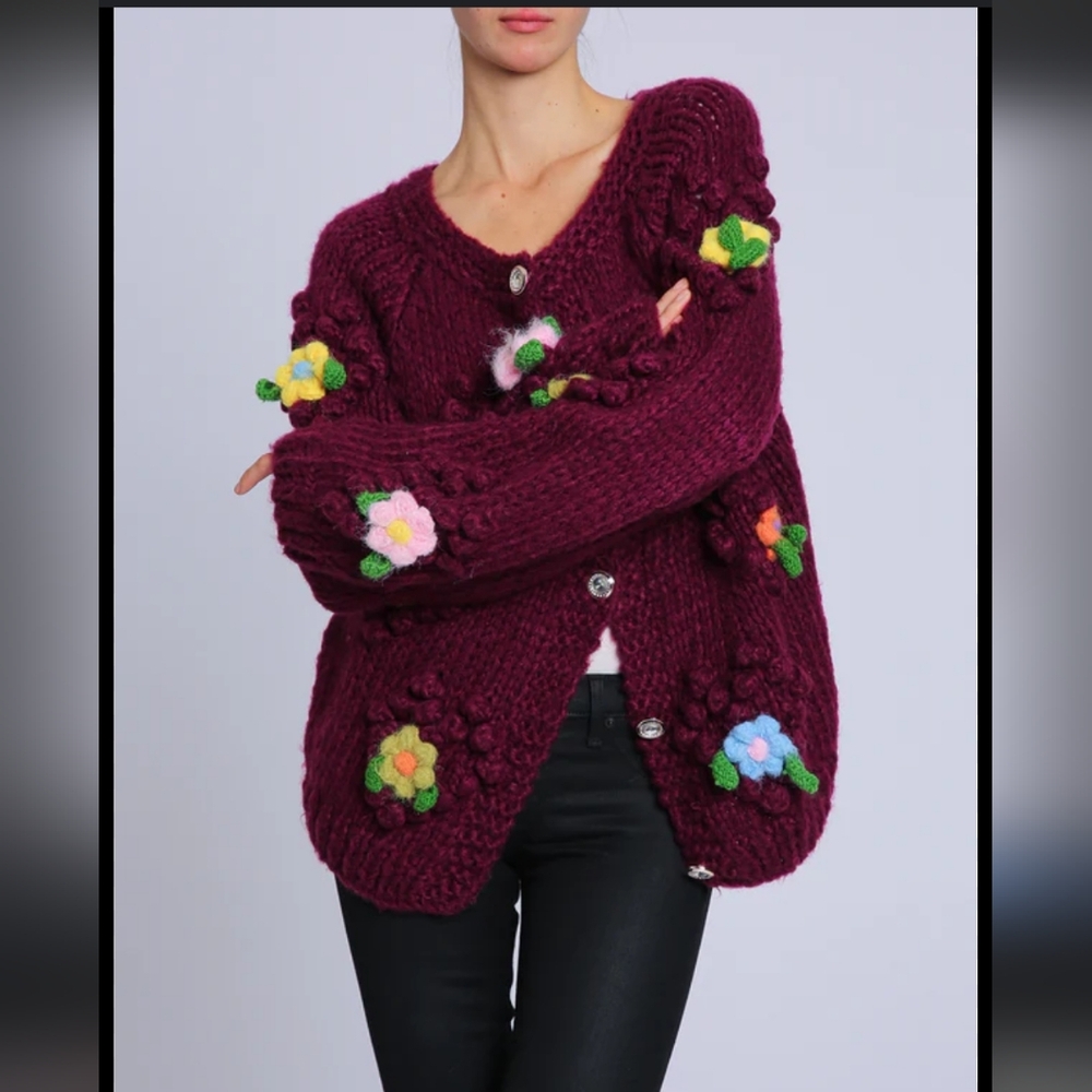Beulah Style Floral Corsage and Popcorn Knit Detail Cardigan OS Violet Sweet NWT